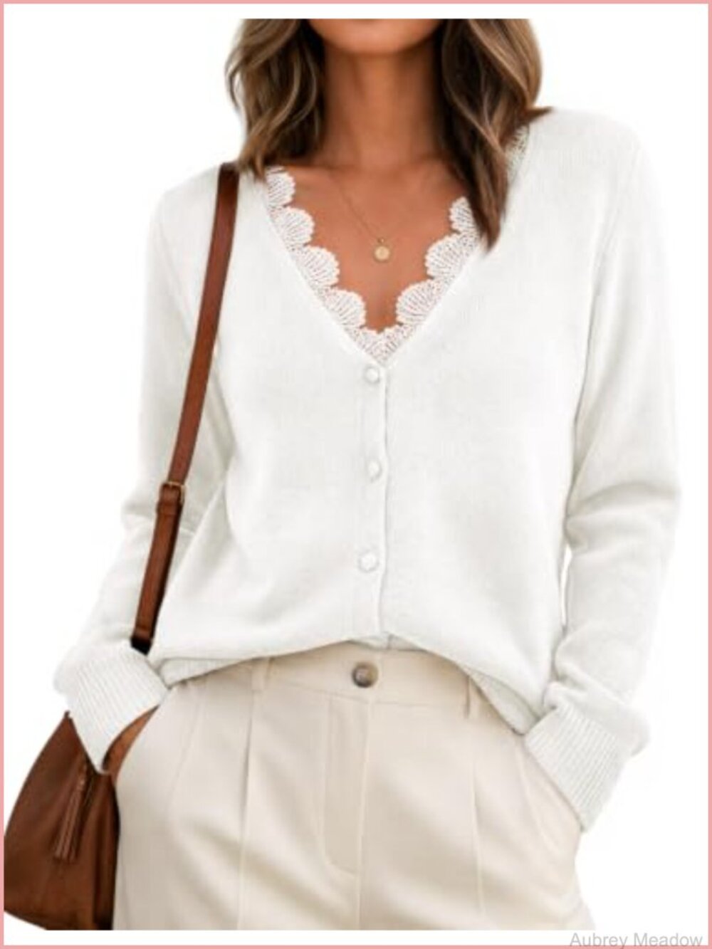 Lace V Neck Button Up Cardigan Long Sleeve Soft Knit Work Sweater
